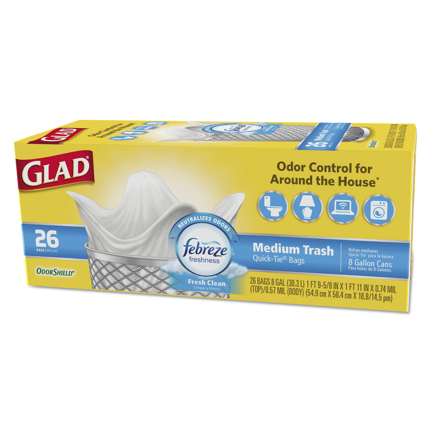 Glad Medium Trash Bags, 8 Gallon, 26 Bags (ForceFlex, Quick Tie