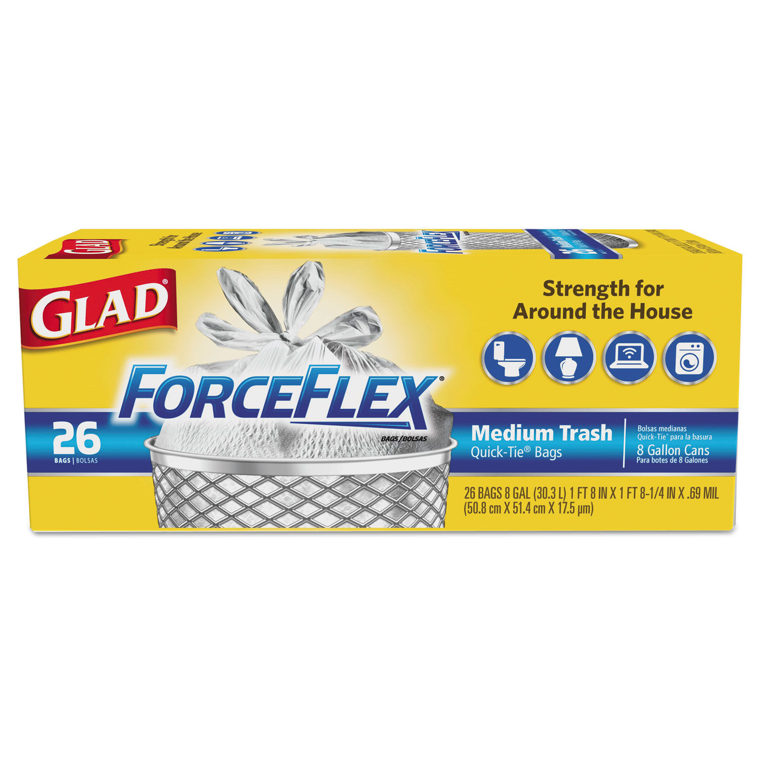 Glad Forceflexplus Tall Kitchen Drawstring Trash Bags, 13 Gal, 0.72 Mil,  23.75 X 24.88, White, 100/Box - CLO70427