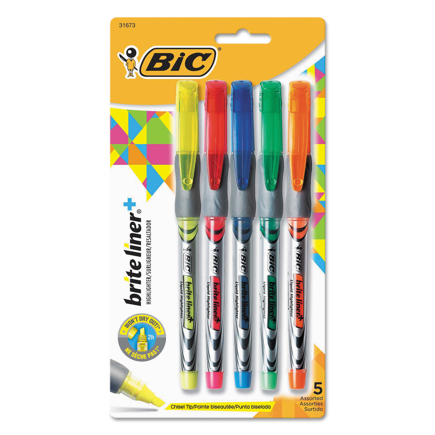 Bic Brite Liner Highlighter, Assorted, Chisel Tip - 5 highlighters