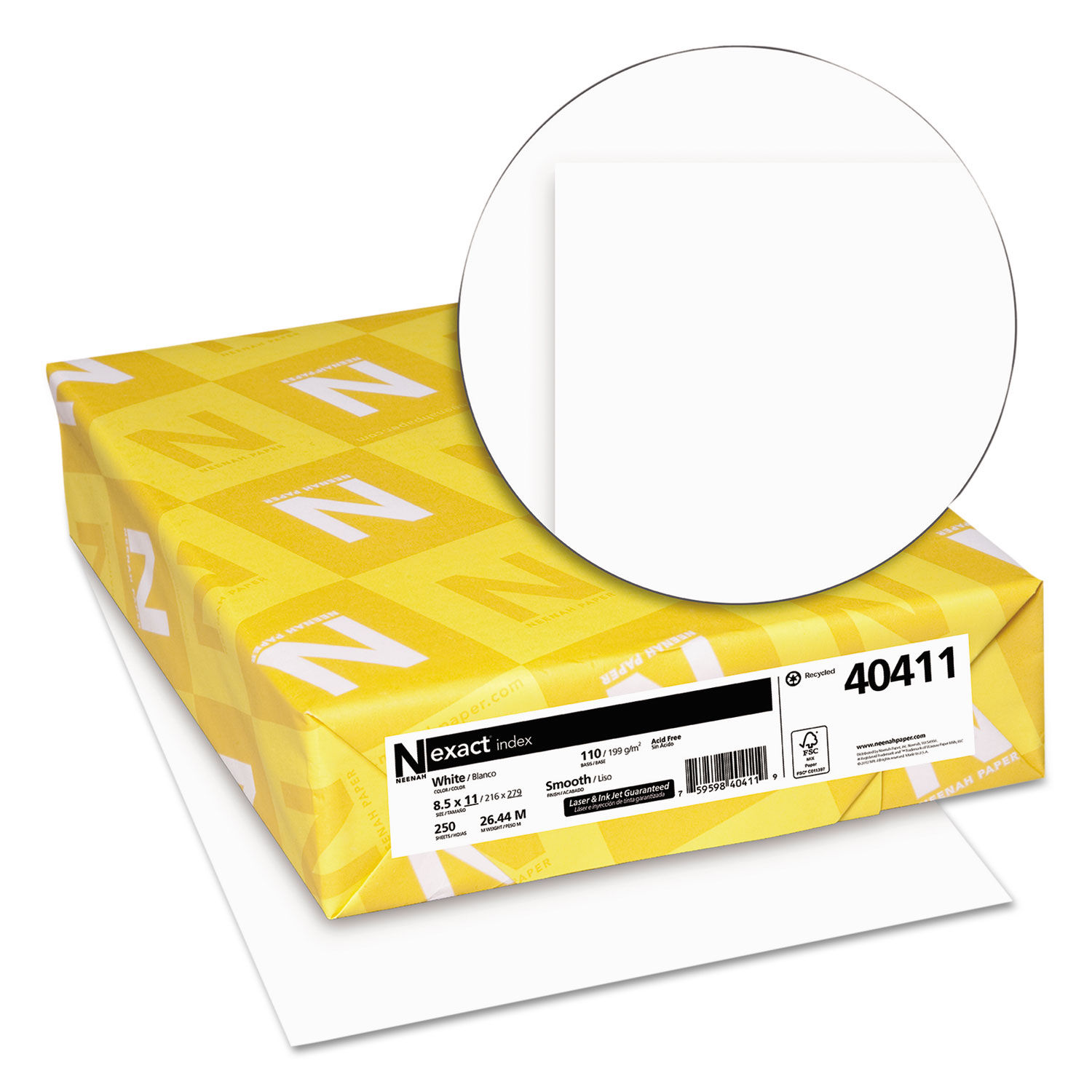 Exact Index Card Stock, 110 lbs., 8-1/2 x 11, White, 250 Sheets/Pack