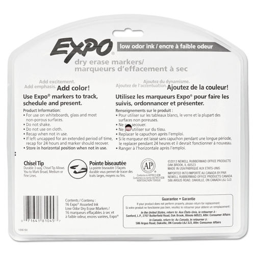 EXPO Low-Odor Dry-Erase Markers (Chisel Point, Asstd. Colors) - 16/Set  (81045)