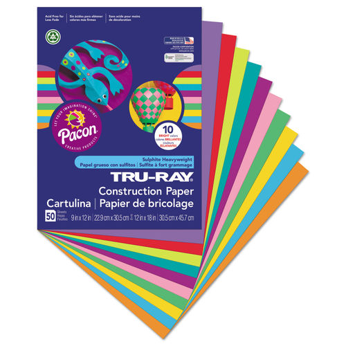Pacon Tru-Ray Construction Paper, Assorted Colors, 9 x 12 - 50 count