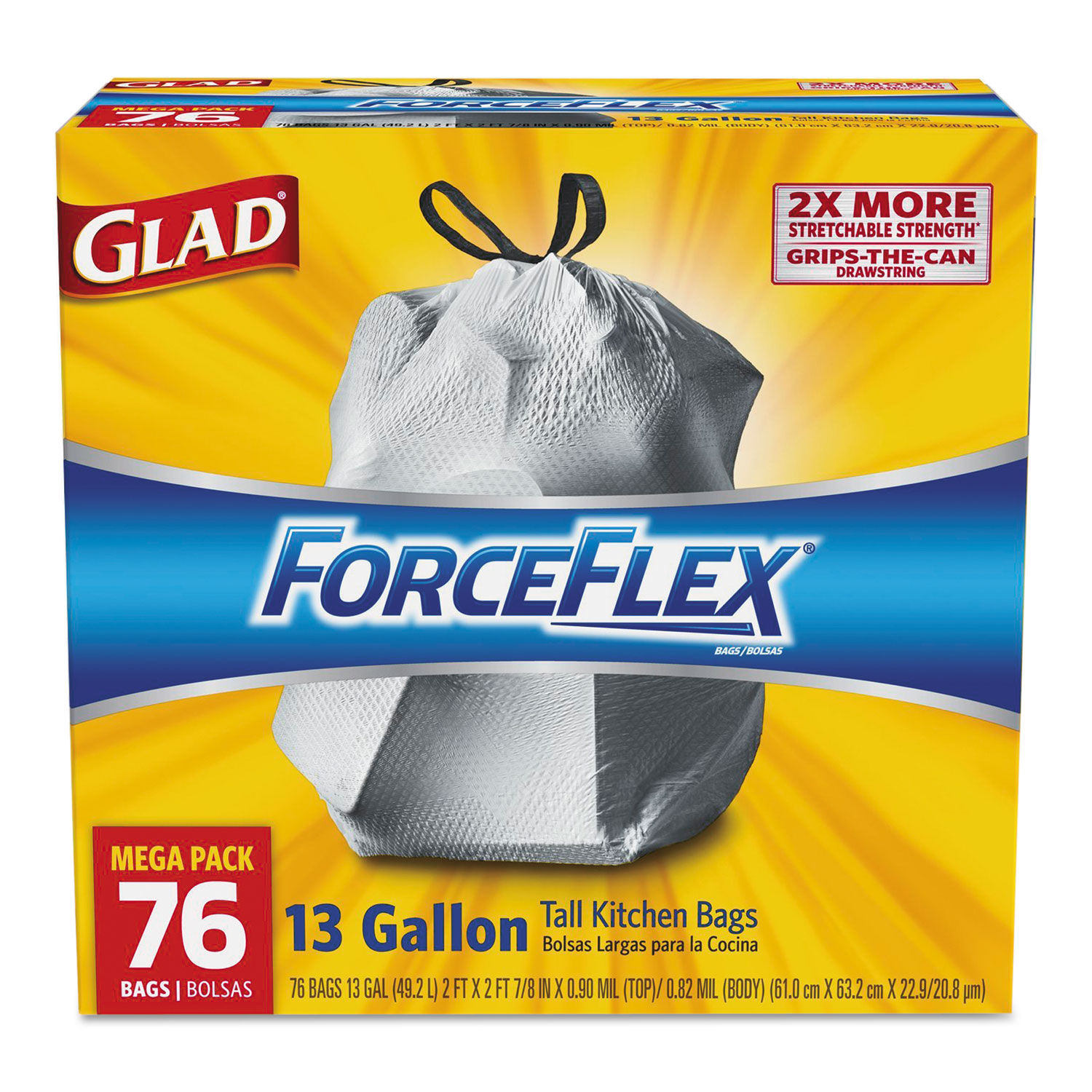 Glad Forceflexplus Tall Kitchen Drawstring Trash Bags, 13 Gal, 0.72 Mil,  23.75 X 24.88, White, 100/Box - CLO70427