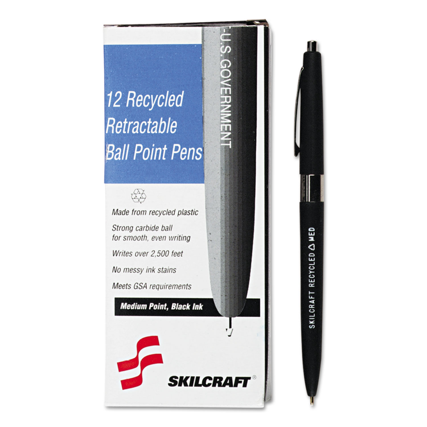 SKILCRAFT U.S. Government Ballpoint Pen, Retractable, Medium 1 Mm, Black Ink,  Black Barrel, Dozen