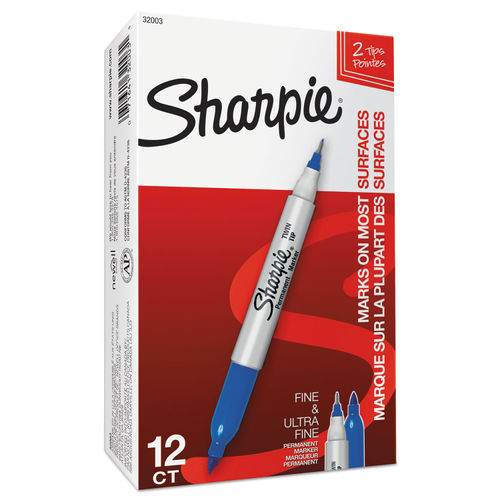 Sharpie SAN32003 Twin-Tip Permanent Marker, Fine/Ultra Fine Point, Blue - 12 pack