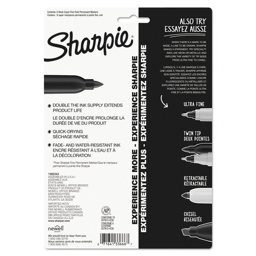 Sharpie Permanent Markers 6 Pack Assorted Sizes Ultra Fine Tip Fine Tip and Chisel Tip Permanent Markers - Black