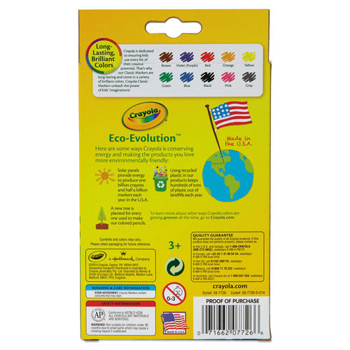 Crayola Non-Washable Marker, Fine Bullet Tip, Assorted Classic Colors, 10/Pack