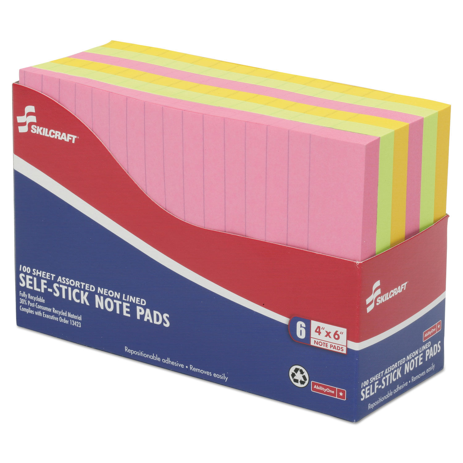 SKILCRAFT Self-Stick Note Pads, Note Ruled, 4 x 6, Assorted Neon Colors,  100 Sheets/Pad, 6 Pads/Pack, GSA 753001418121