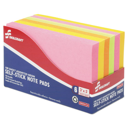 SKILCRAFT Self-Stick Note Pads, Note Ruled, 4 x 6, Assorted Neon Colors,  100 Sheets/Pad, 6 Pads/Pack, GSA 753001418121