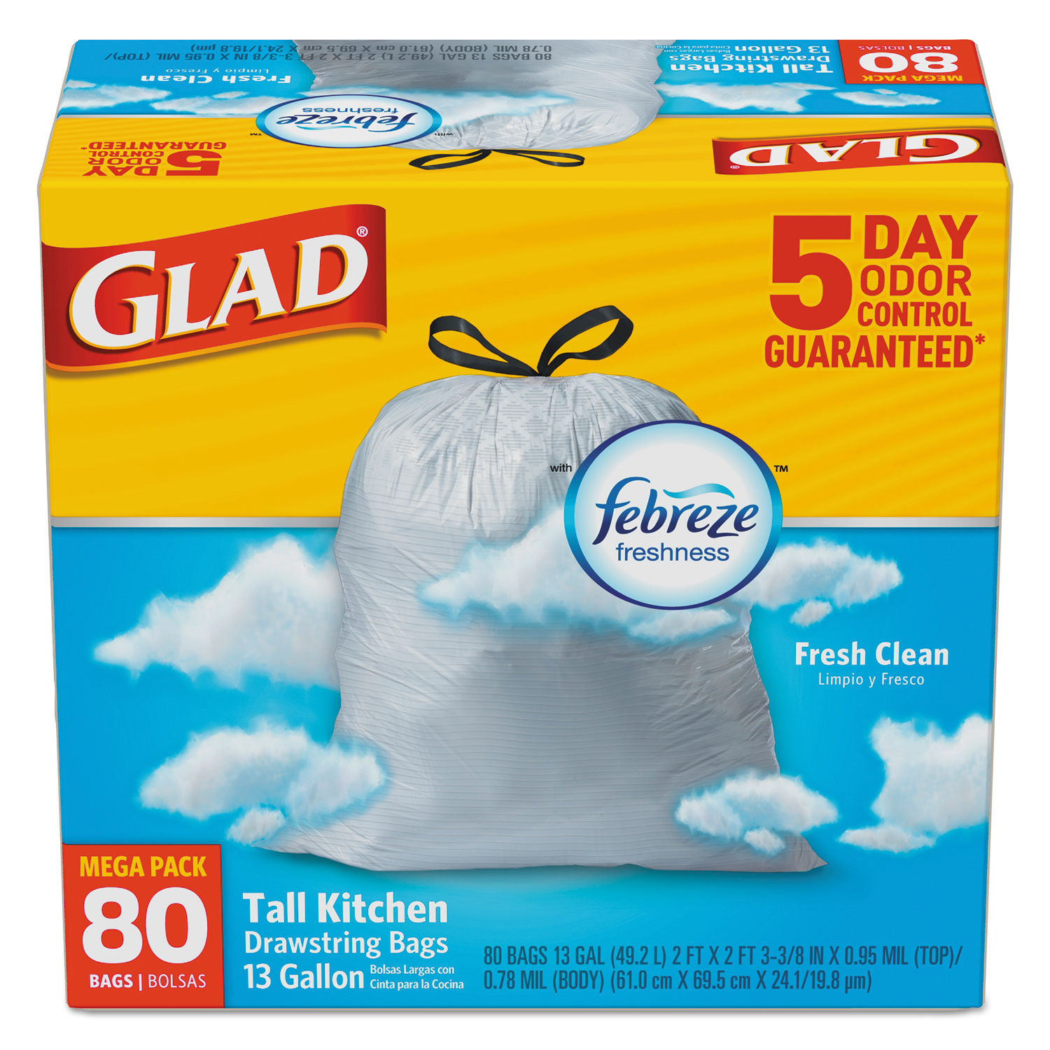 Glad ForceFlex Tall Kitchen Drawstring Trash Bags 13 Gallon Trash Bag,  Fresh Clean scent with Febreze Freshness 80 Count (Package May Vary)  Febreze Fresh Clean