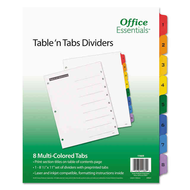 Table 'n Tabs Dividers, 8-Tab, 1 to 8, 11 x 8.5, White, Assorted Tabs, 1 Set Table 'n Tabs Dividers, 8-Tab, 1 to 8, 11 x 8.5, White, Assorted Tabs, 1 Set