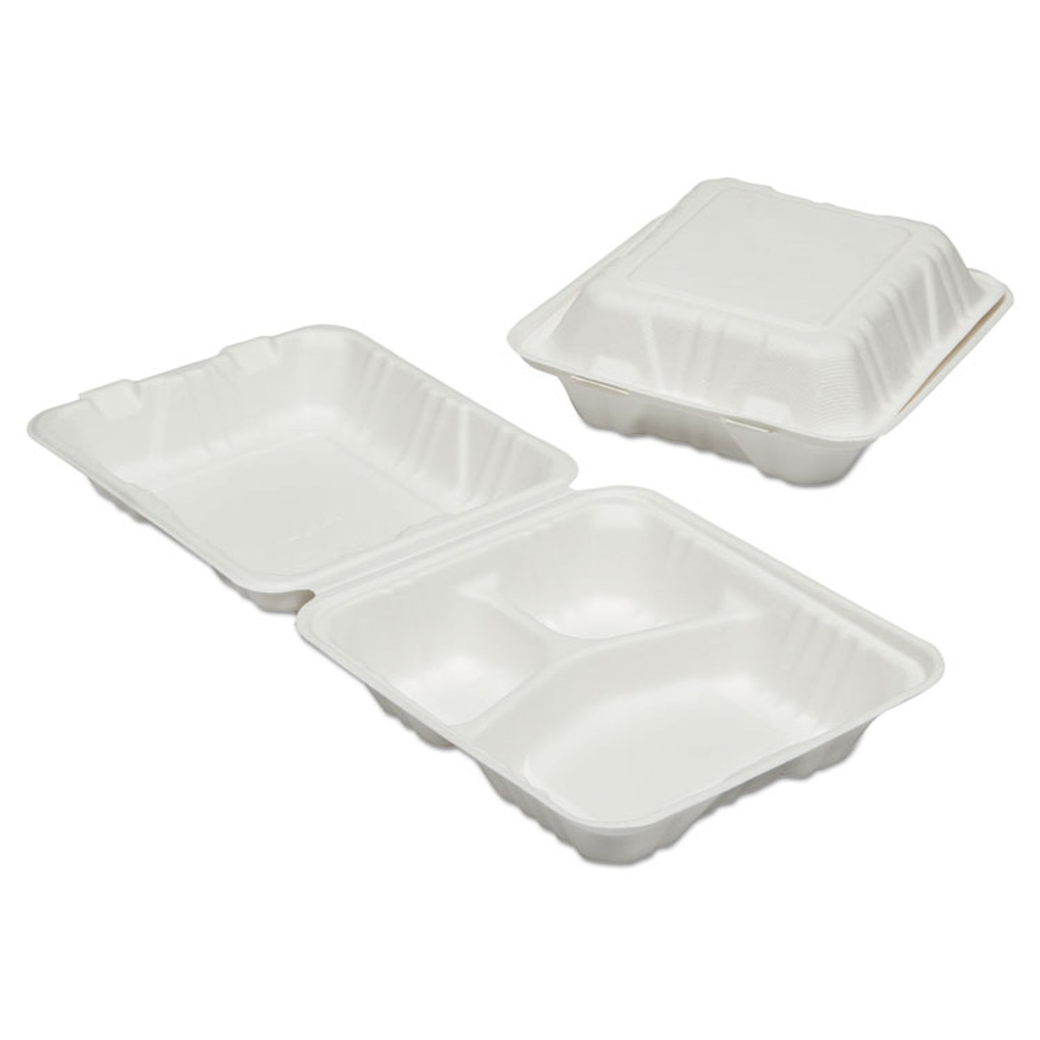 7350016646909, SKILCRAFT Clamshell Hinged Lid ToGo Food Containers, 3  Compartment, 8 x 8 x 3, White, Paper, 200/Box