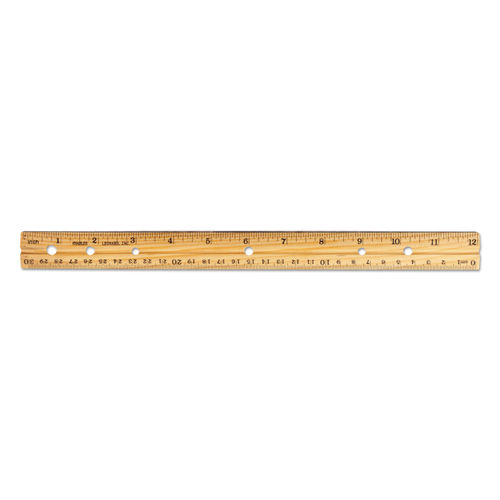 Beveled Wood Ruler w/Single Metal Edge, 3-Hole Punched, Standard/Metric,  12 Long, Natural, 36/Box