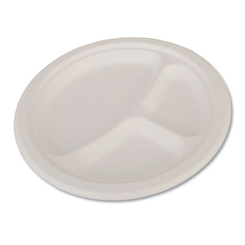 10 Bagasse 3-Compartment Round Plate - 500 ct