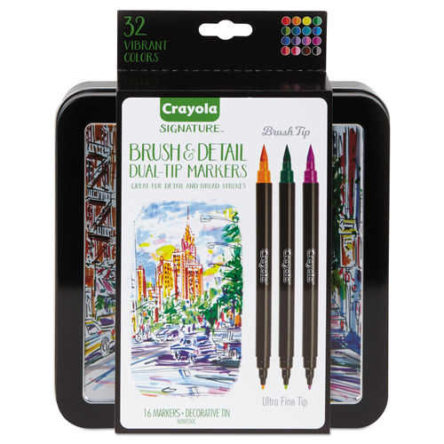 Brush and Detail Dual Ended Markers, Extra-Fine Brush/Bullet Tips, Assorted  Colors, 16/Set