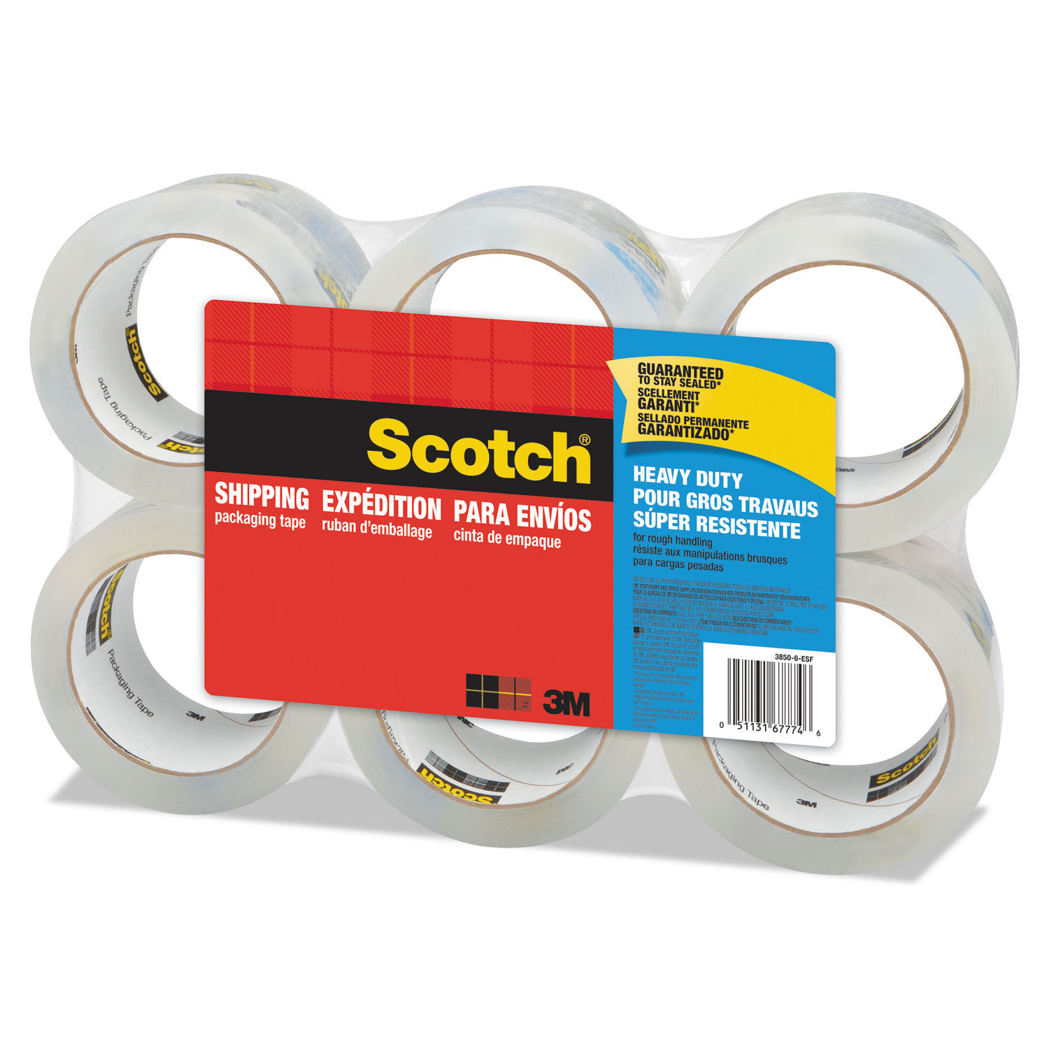 Scotch Packaging Tape Heavy Duty Shipping, Clear, 1.88 in. x 54.6 yd, 6 Rolls, Size: 1.88 x 1000