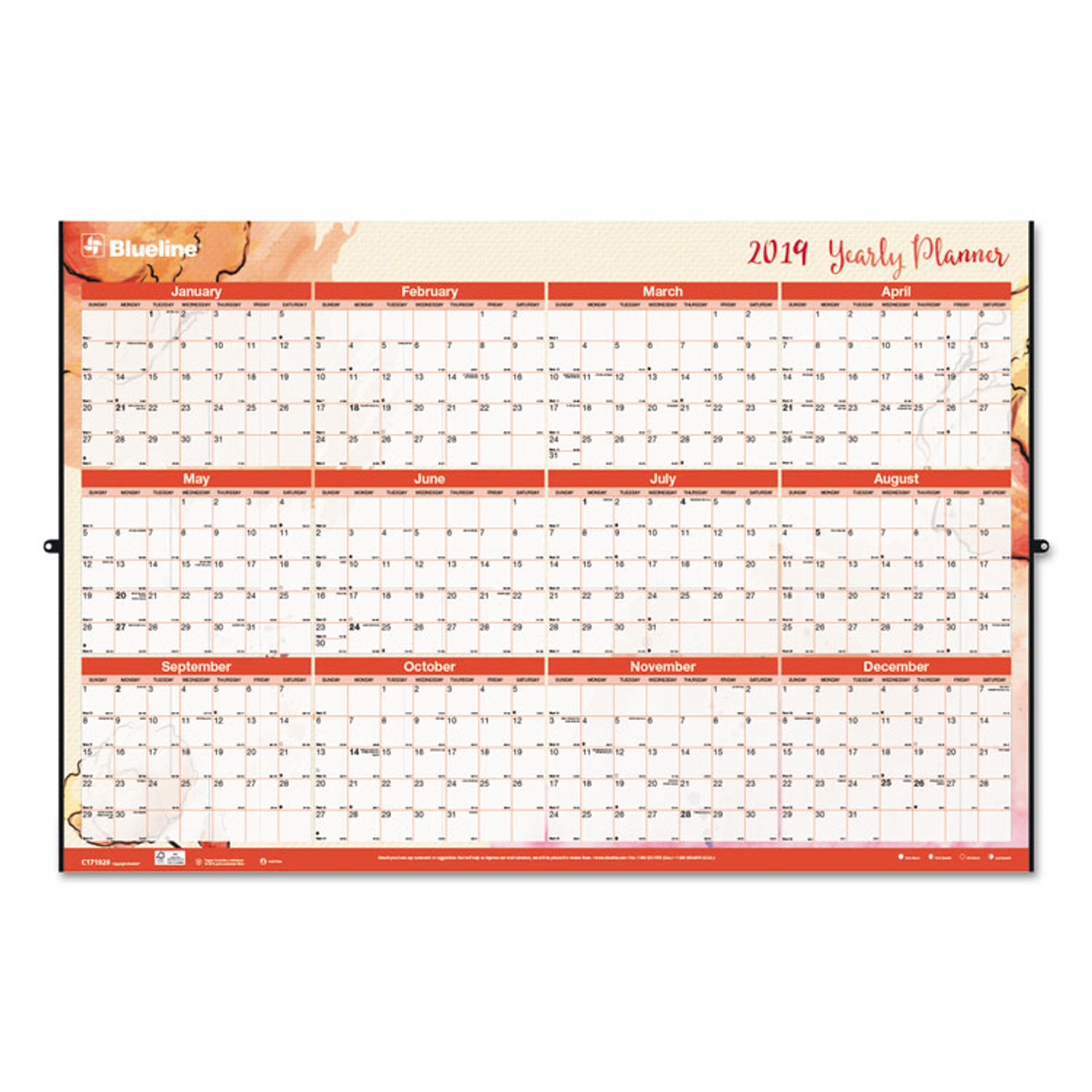 Yearly Laminated Wall Calendar by Blueline® REDC171920 OnTimeSupplies com