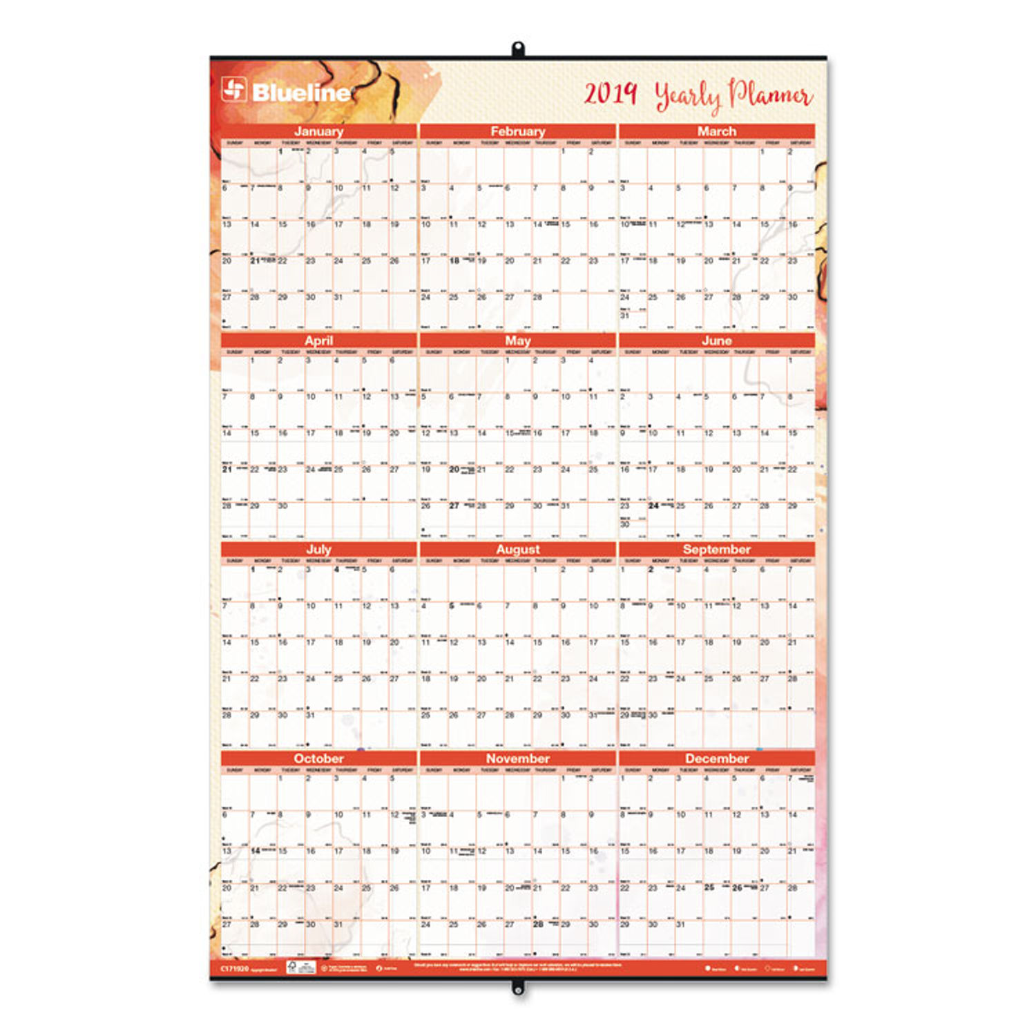 Yearly Laminated Wall Calendar by Blueline® REDC171920