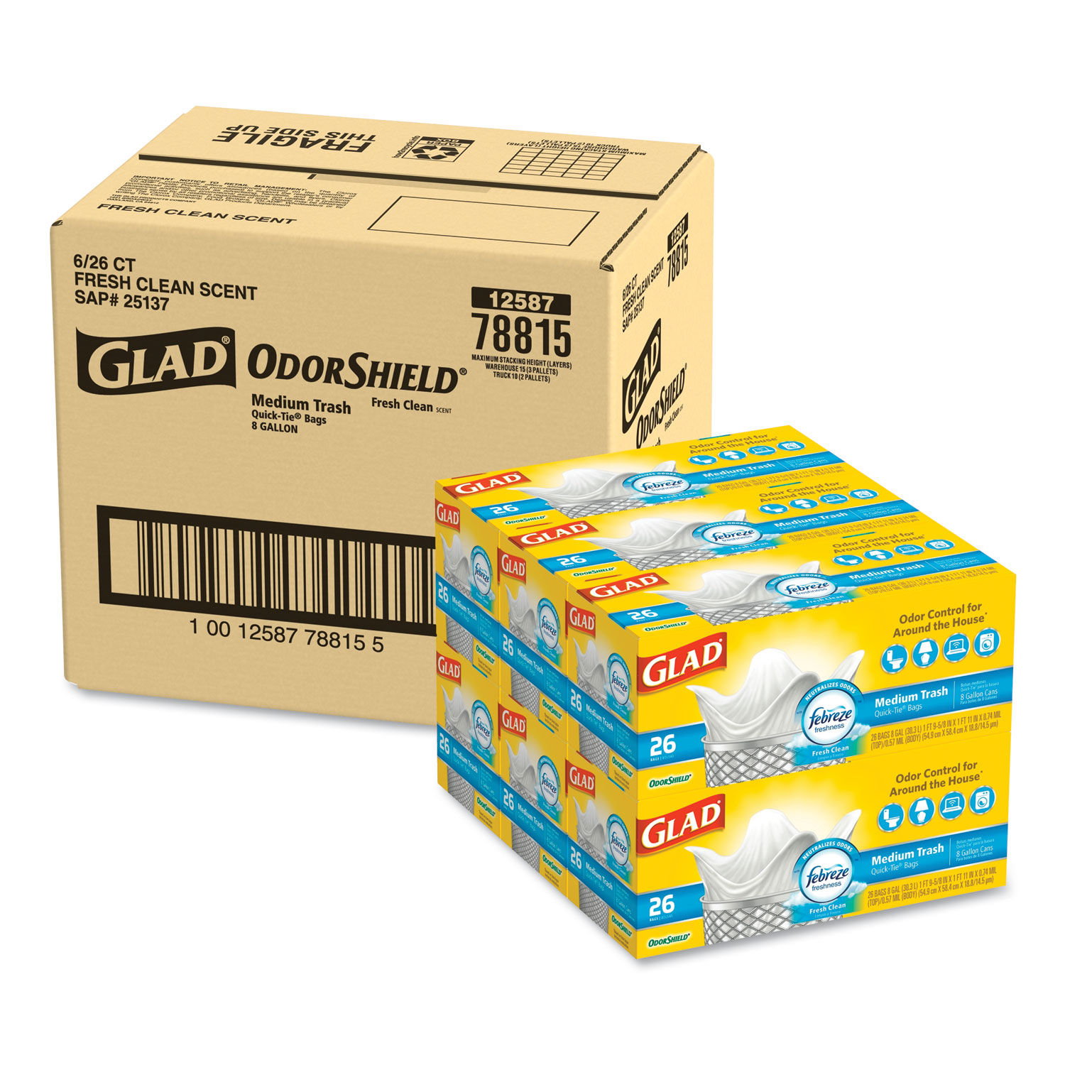 Glad OdorShield + Febreze Trash Bag - 6 boxes, 26 count each