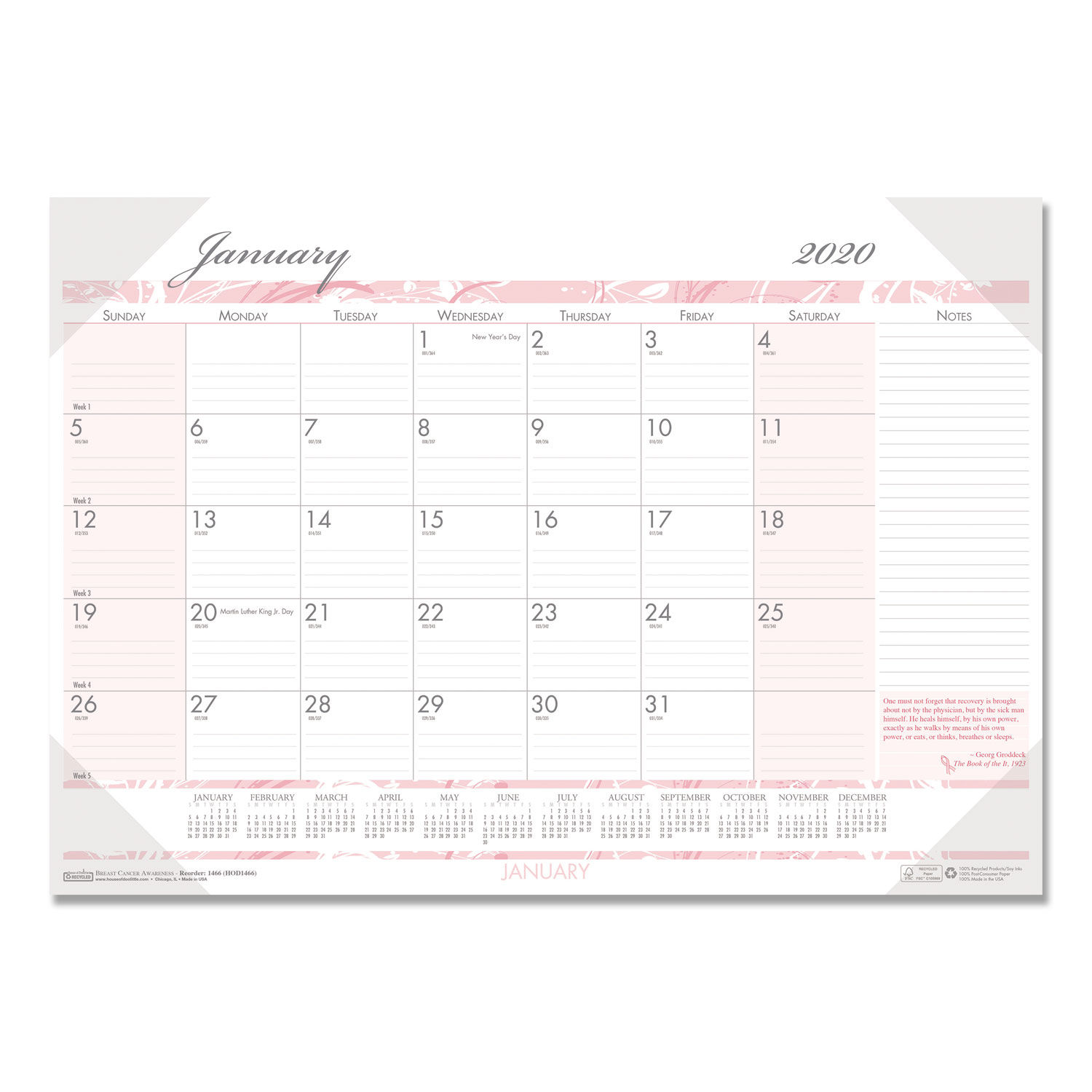 Recycled Breast Cancer Awareness Monthly Desk Pad Calendar By