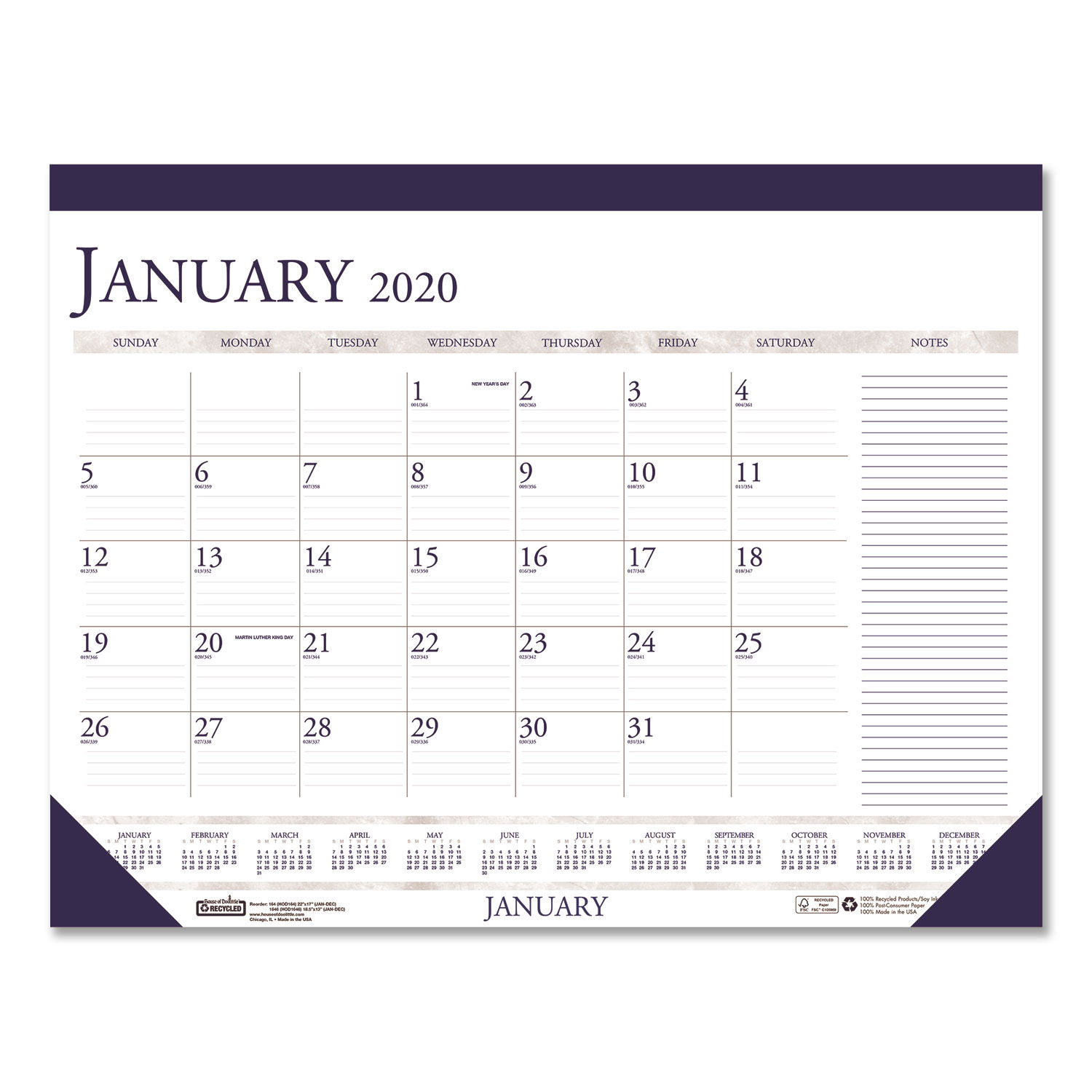 Recycled Two Color Monthly Desk Calendar W Large Notes Section By