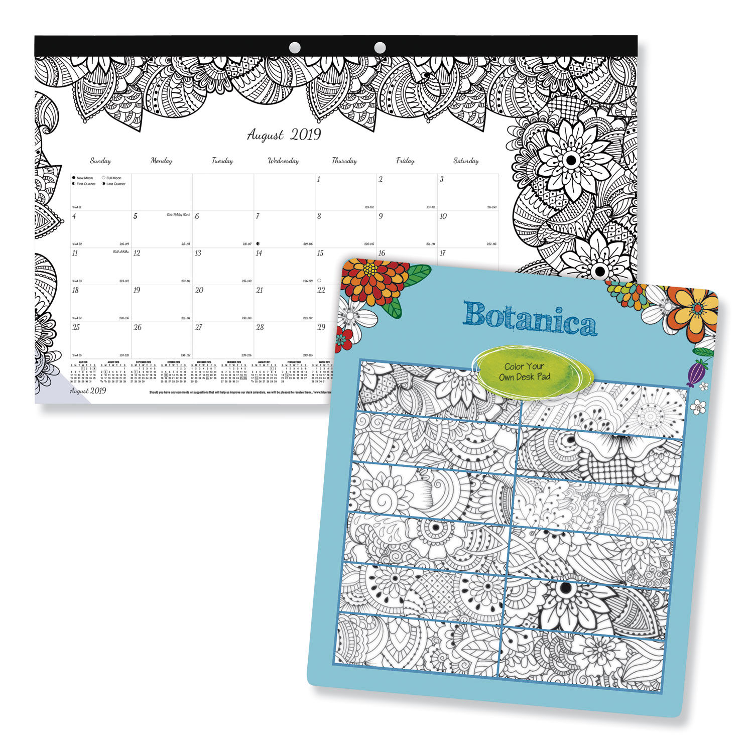 Academic DoodlePlan Desk Pad Calendar w/Coloring Pages by Blueline