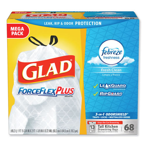 Glad OdorShield ForceFlex Tall Kitchen Drawstring Trash Bags Febreze Fresh  Clean, 13 Gallon