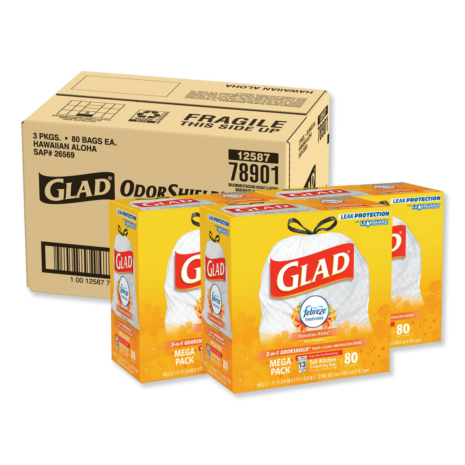 Glad Tall Kitchen Drawstring Trash Bags, 13 Gal, 0.95 Mil, 24 X