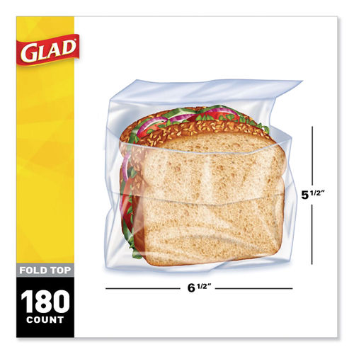 Glad Fold-Top Sandwich Bags, 6.5 x 5.5, Clear, 180/Box, 12 Boxes/Carton