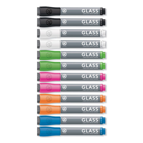 U Brands Bullet Tip Low-Odor Liquid Glass Markers with Erasers, Assorted Colors, 12/Pack