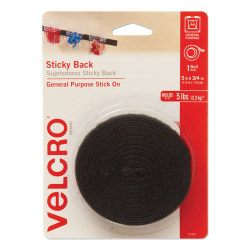 Velcro Brand Sticky-Back Fasteners with Dispenser, Removable Adhesive, 0.75 x 5 ft, Black (VEK90086)