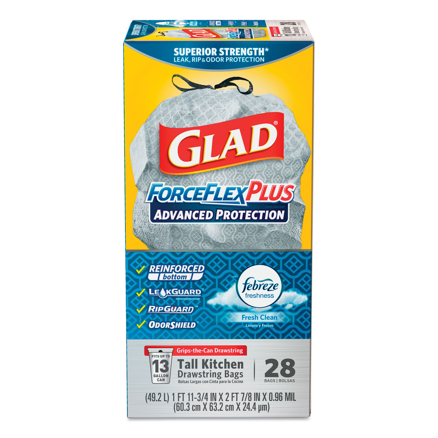 Clorox Glad ForceFlexPlus OdorShield Tall Kitchen Drawstring Trash Bags, 13 gal, 0.9 mil, 24 x 28, White, 204/Carton, CLO70320