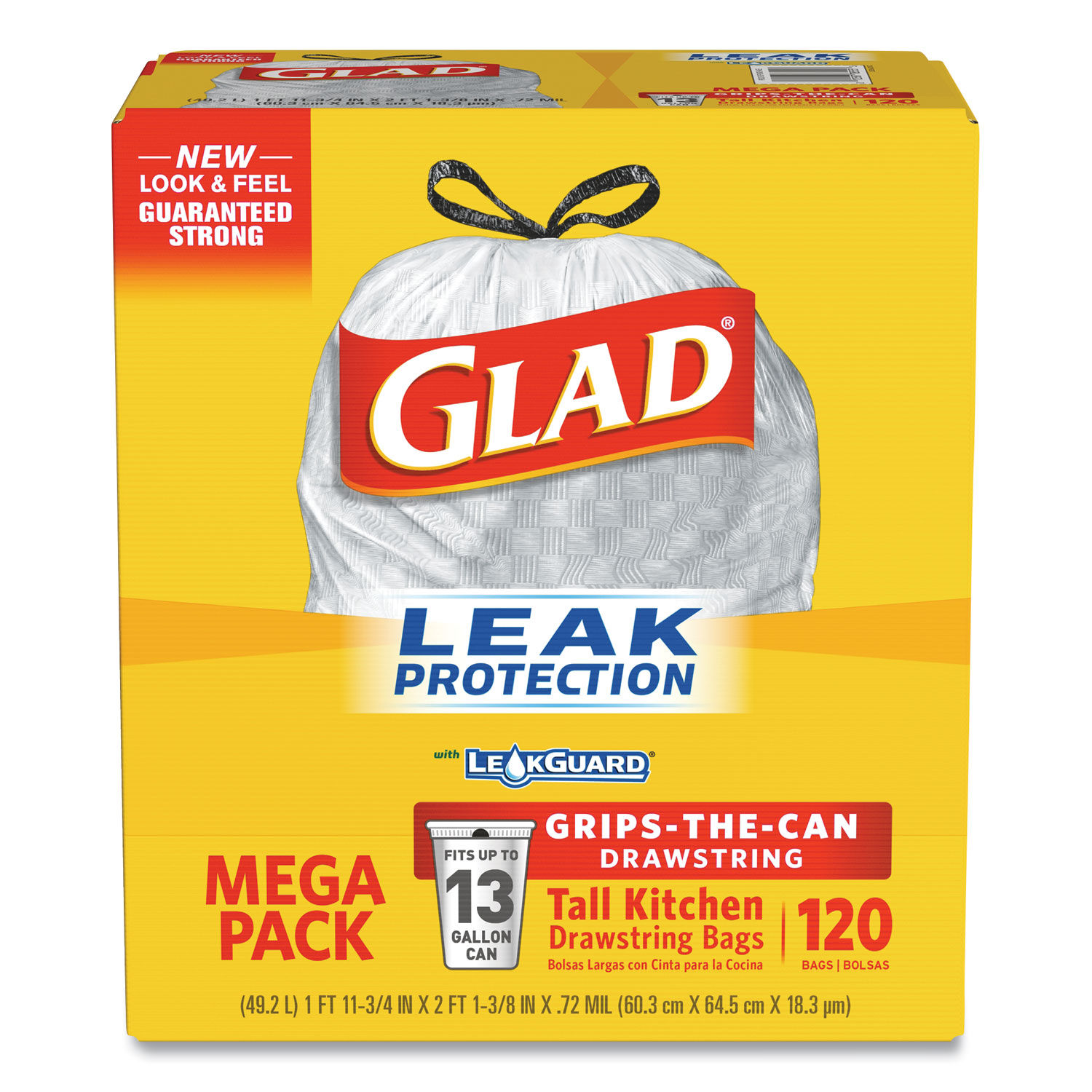 Glad ForceFlex 13 Gallon Tall Kitchen Trash Bags, Unscented, 120 Bags