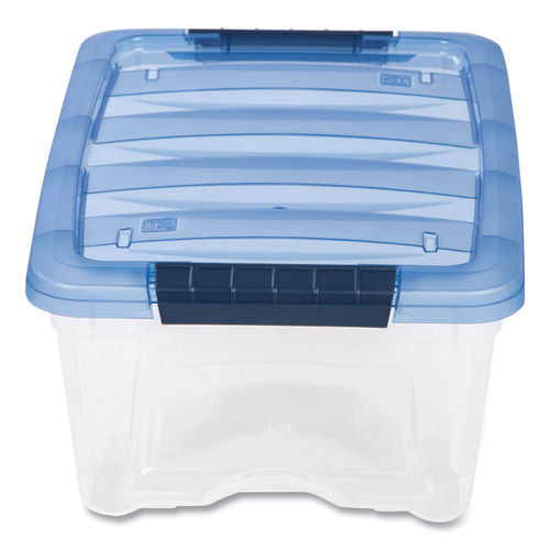 Iris 6.5 Gallon Clear Plastic Storage Boxes with Blue Lid, Pack of 4