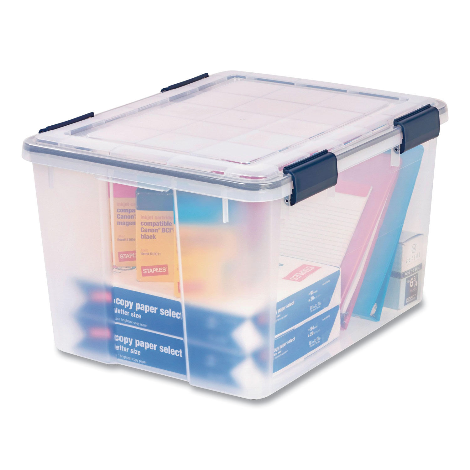 Iris Stack and Pull Latching Flat Lid Storage Box 13.5gal Clear/Translucent Blue