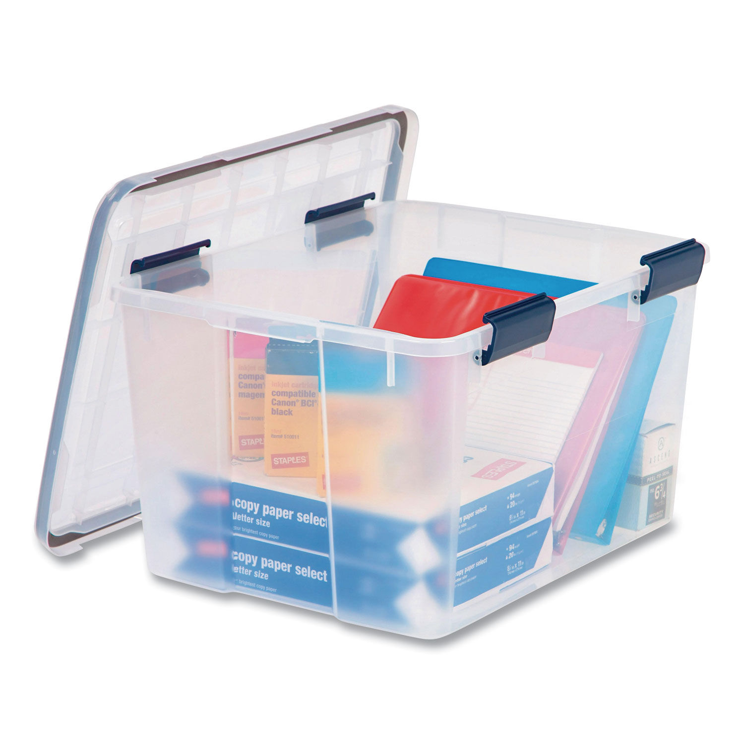 Iris Stack and Pull Latching Flat Lid Storage Box 13.5gal Clear/Translucent Blue