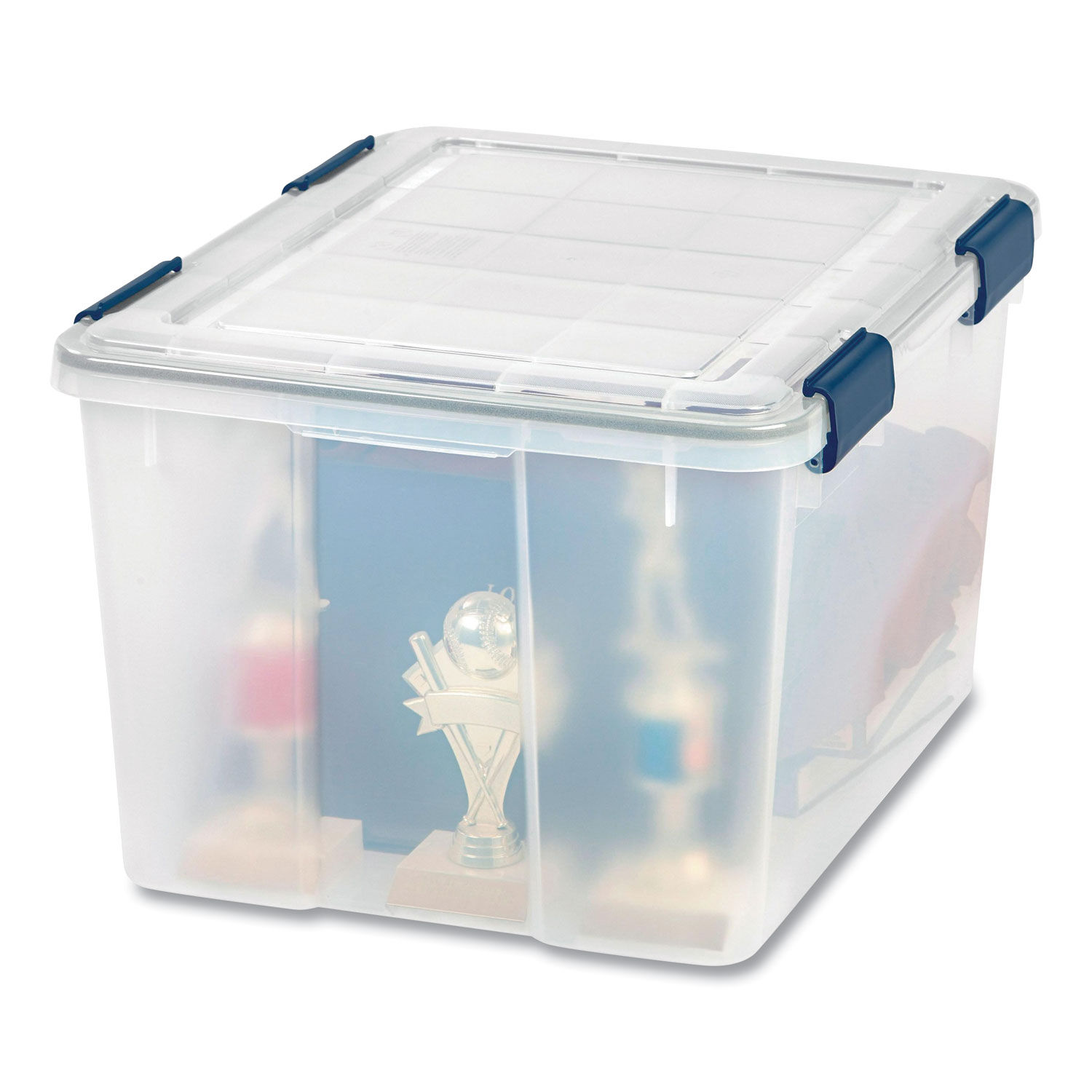 Iris Stack and Pull Latching Flat Lid Storage Box 13.5gal Clear/Translucent Blue