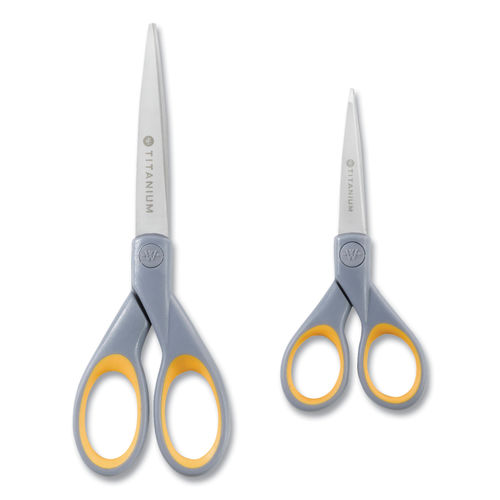 Westcott Titanium Bonded Scissors, 8 Long, 3.5 Cut Length, Gray/Yellow Straight Handle, 3/Box