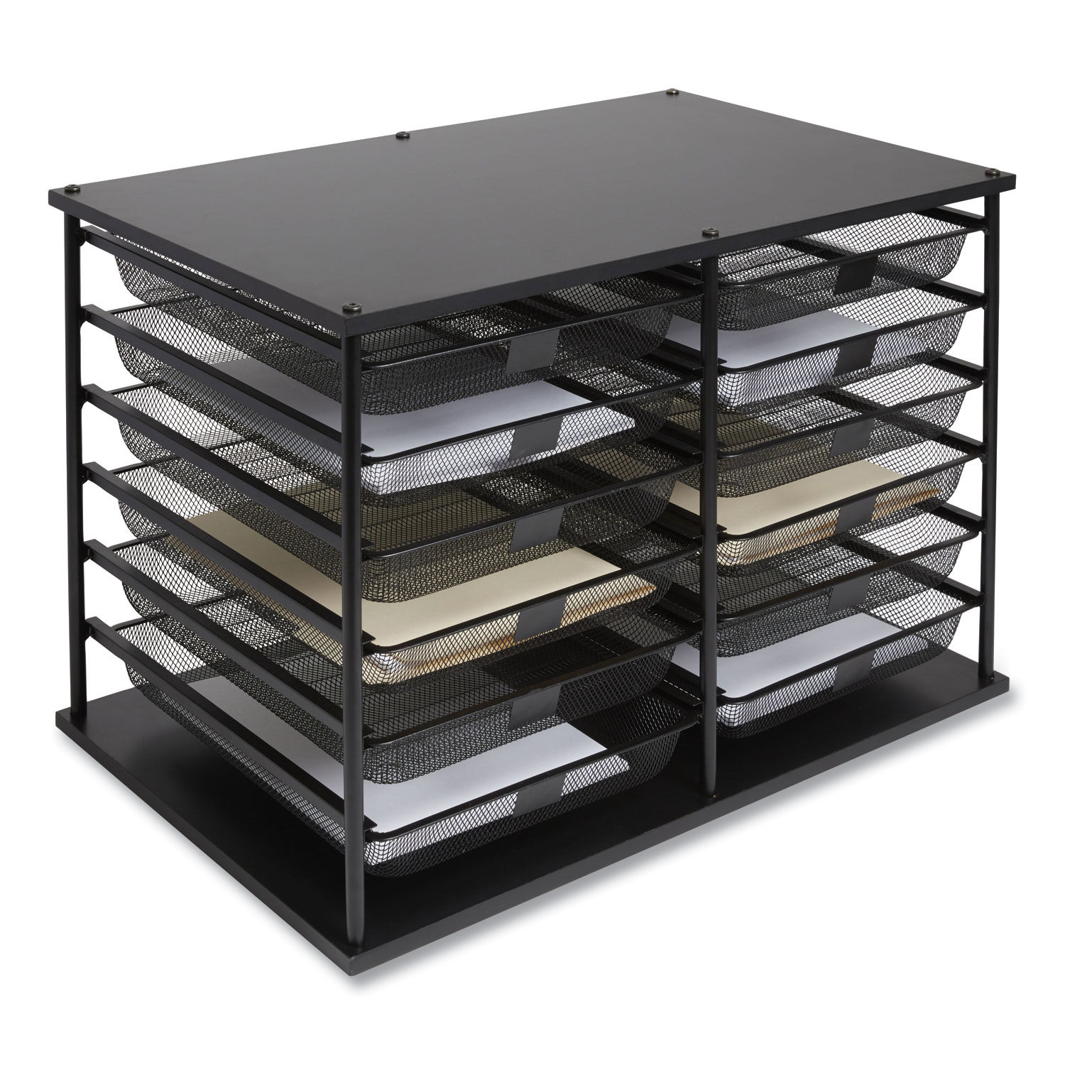 4 Compartment, Black Metal Mesh Document and File Organizer Rack