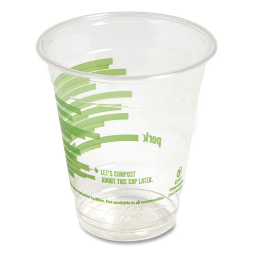 Perk Eco-ID Compostable PLA Corn Plastic Cold Cups, 12 oz, Clear/Green, 50/Pack, 6 Packs/Carton