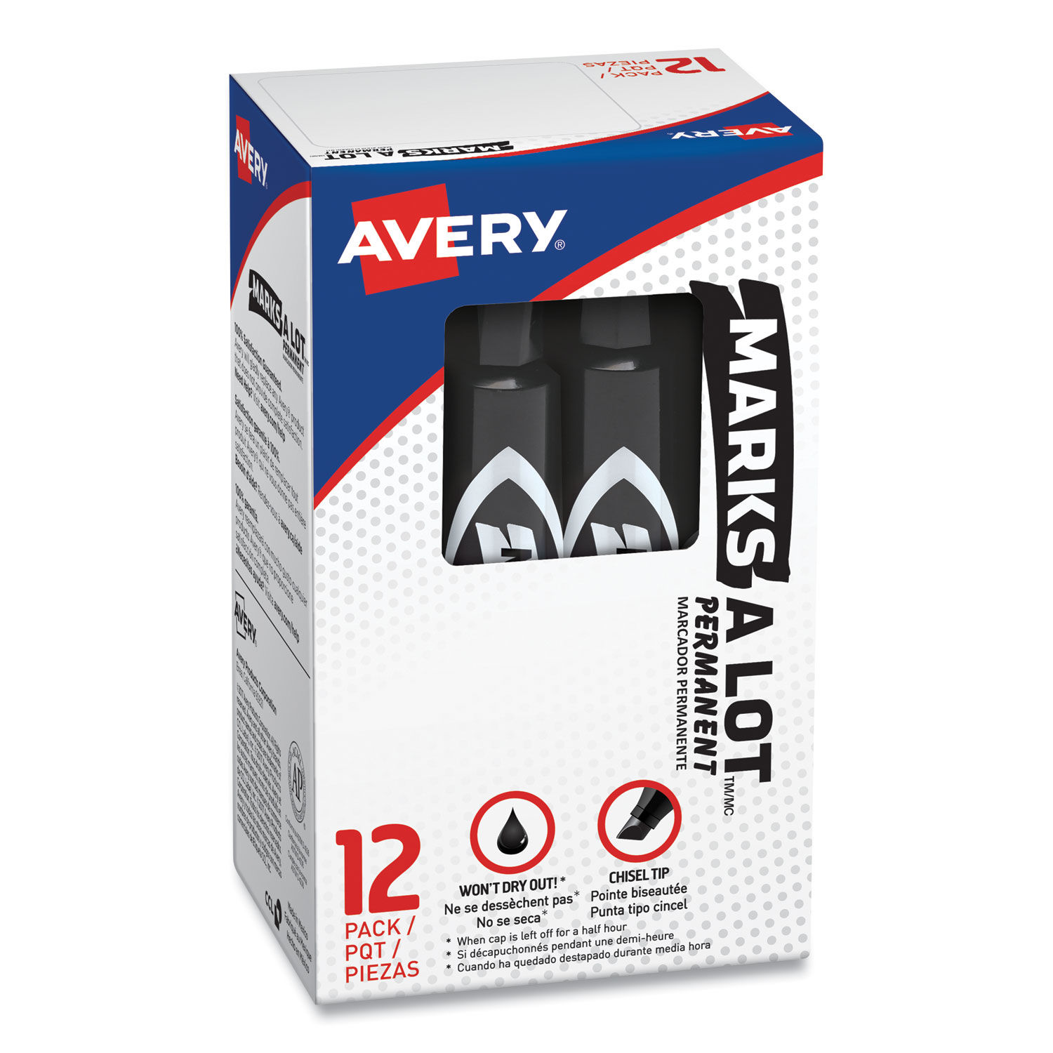 Marks-A-Lot Permanent Markers, Large Desk-Style size, Chisel Tip, 12 Black Markers - Avery