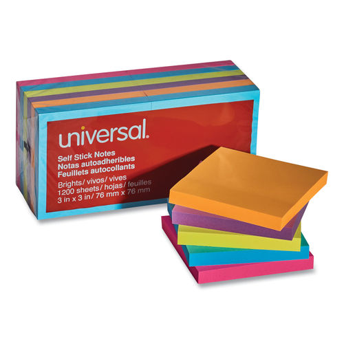 Universal Self-Stick Note Pads, 3 x 3, Assorted Bright Colors, 100-Sheet, 12-pk