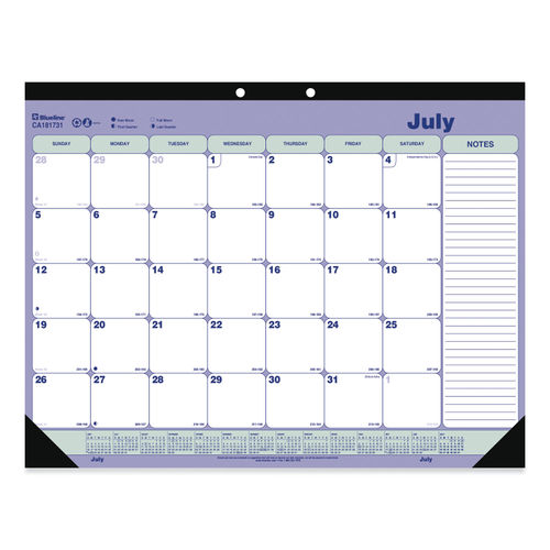 Academic Monthly Desk Pad Calendar, 21.25 x 16, White/Blue/Green, Black  Binding/Corners, 13-Month (July-July): 2023 to 2024