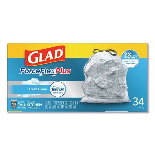 Glad ForceFlex Plus Drawstring Bags, Tall Kitchen, Beachside Breeze - 34 bags