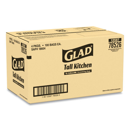 Tall Kitchen Drawstring Trash Bags, 13 gal, 0.72 mil, 24 x 27.38, Gray,  100 Bags/Box, 4 Boxes/Carton