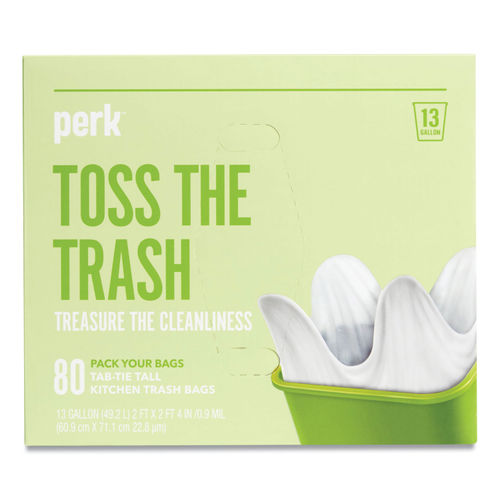 Perk Tab-Tie Tall Kitchen Trash Bags | 13 Gal | 0.9 Mil | 28 x 24 | White | 80/Box