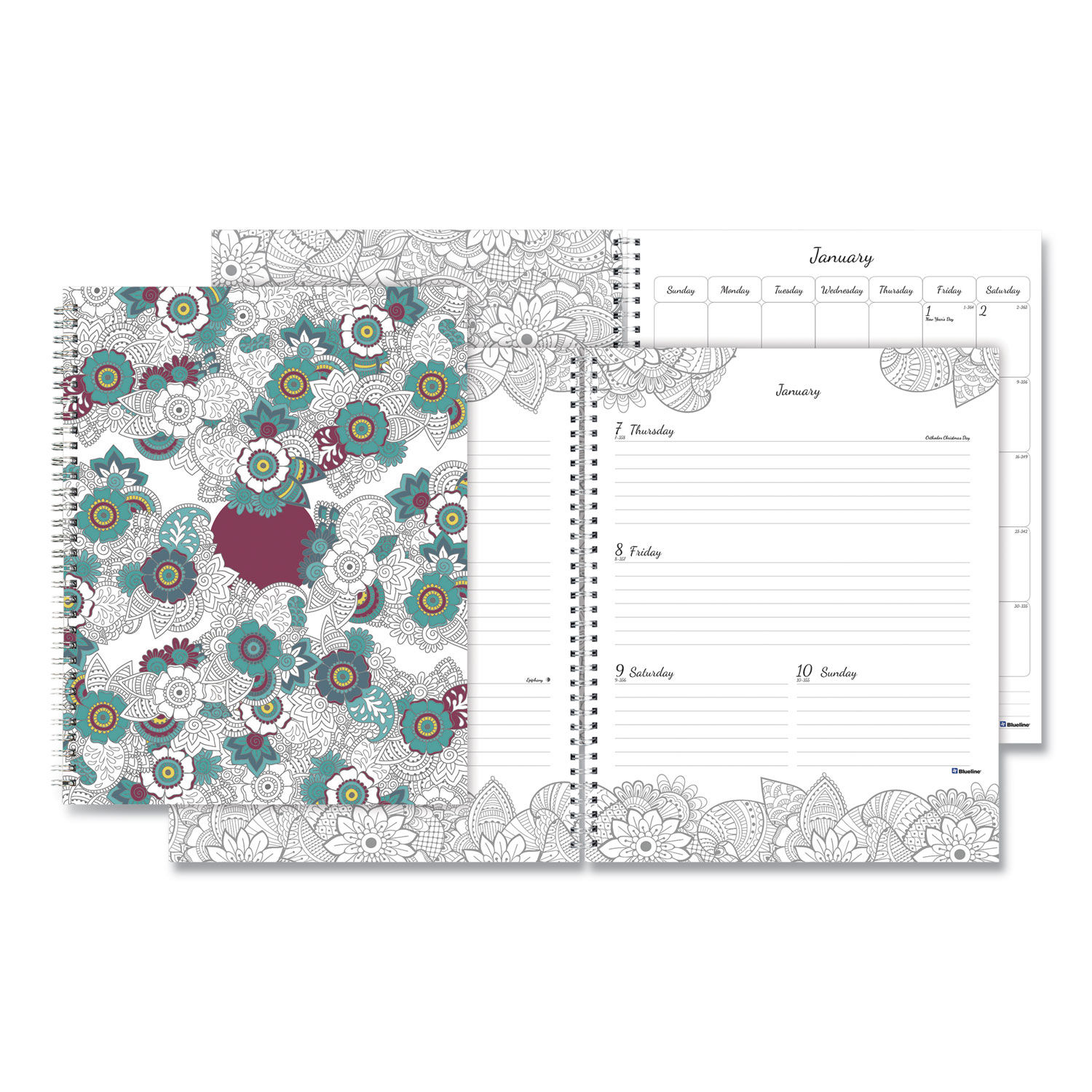 Doodleplan Weekly/Monthly Planner, Adult Coloring Botanica Artwork, 11 x  8.5, White/Teal/Black, 12-Month (Jan to Dec): 2022