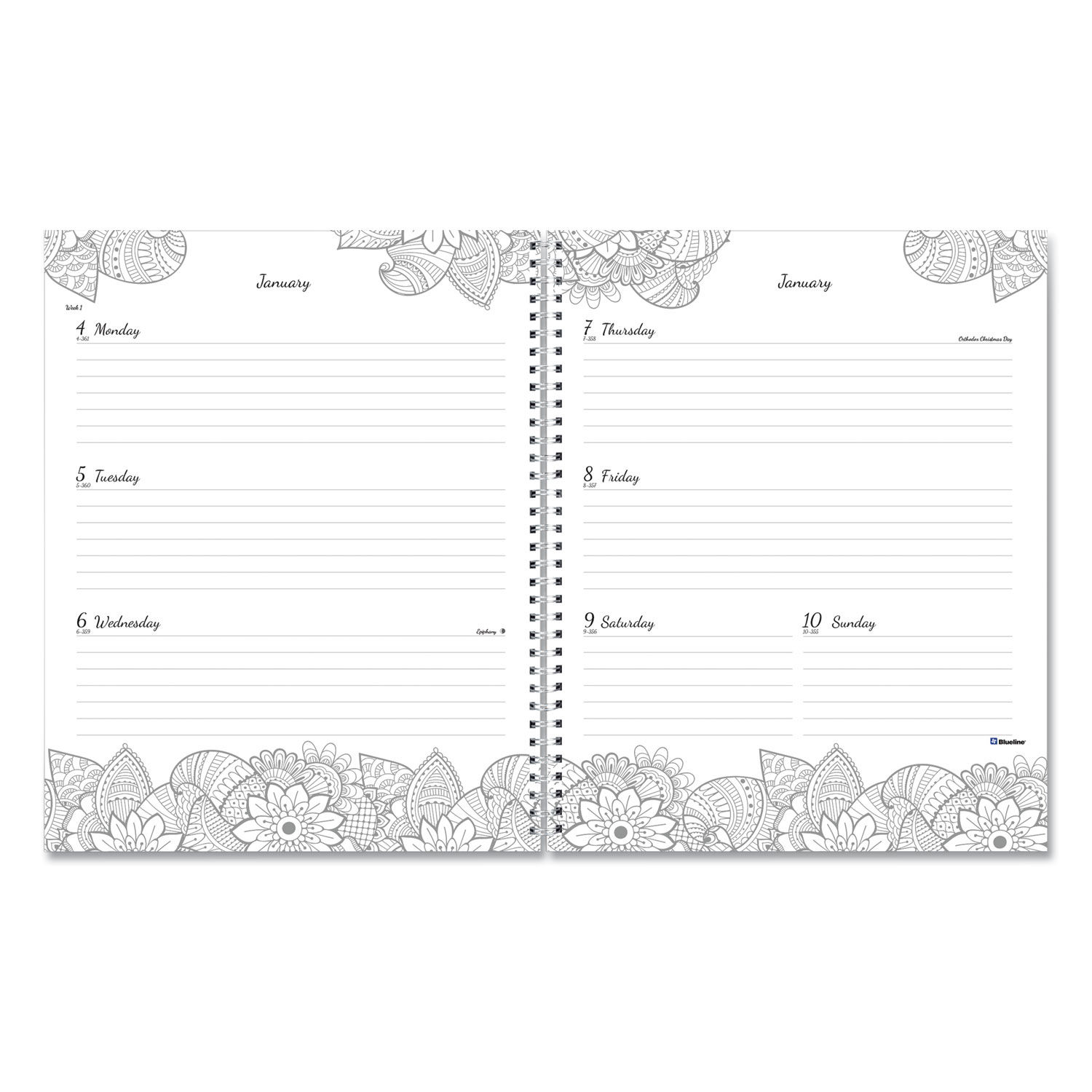 Doodleplan Weekly/Monthly Planner, Adult Coloring Botanica Artwork, 11 x  8.5, White/Teal/Black, 12-Month (Jan to Dec): 2022