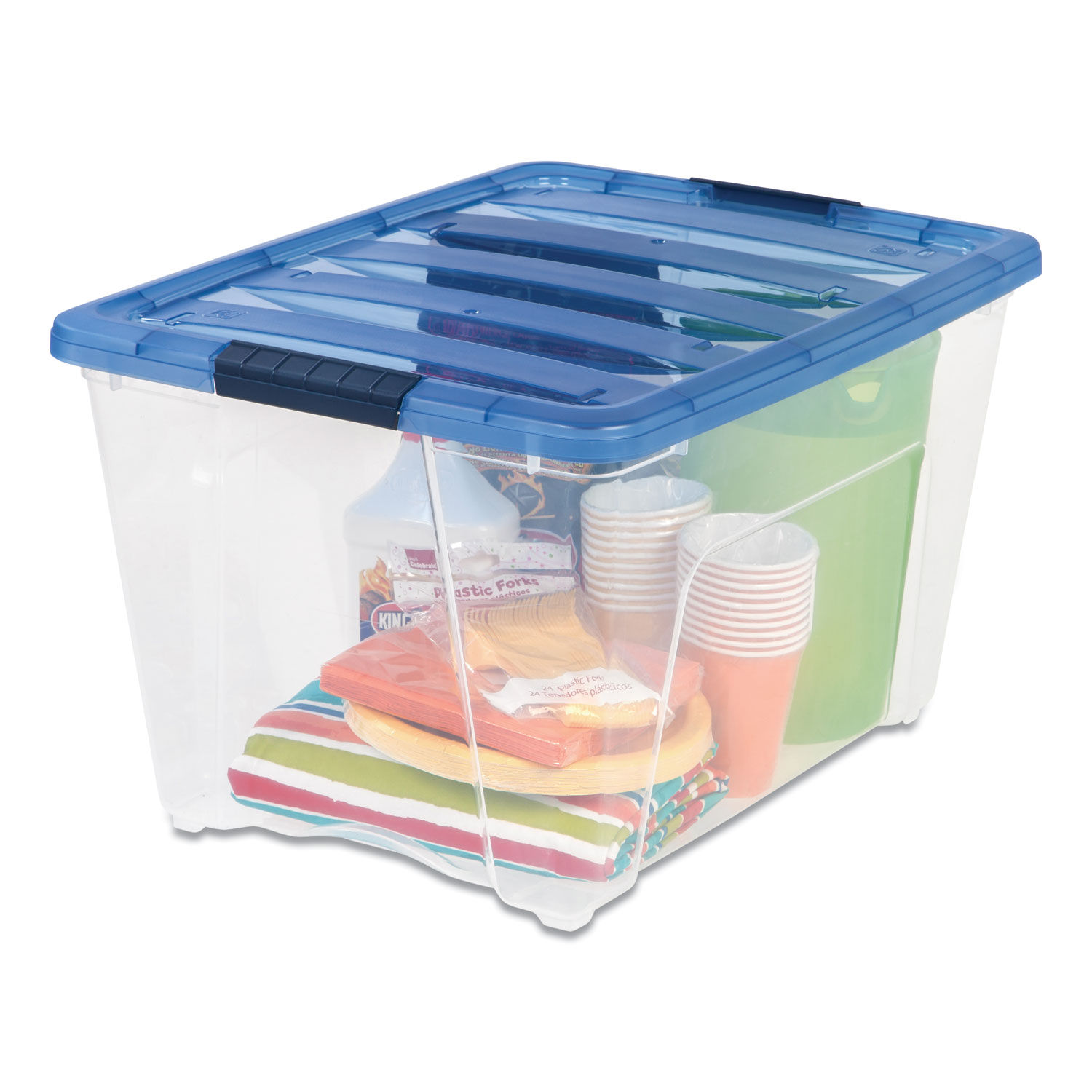 Stack And Pull Latching Flat Lid Storage Box, 6.73 Gal, 16.5 X 22 X 6.5,  Clear/translucent Blue | Bundle of 5