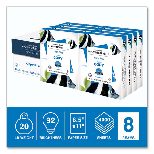 Hammermill Copy Plus Print Paper, 92 Bright, 3-Hole, 20 lb Bond Weight, 8.5  x 11, White, 500/Ream